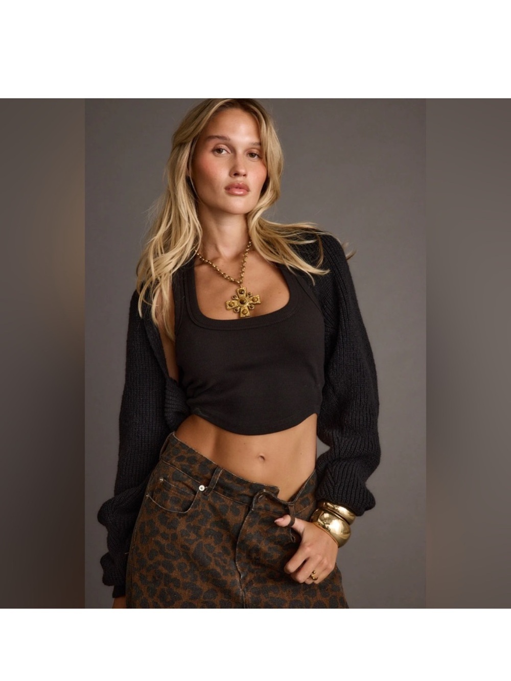 12th Tribe Black Cropped Tank Top with Bolero Sleeve - Women